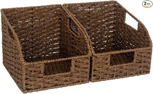 StorageWorks,Wicker Baskets for Organizing,Brown Baskets for Storage,2-Pack | Round Paper Rope Pantry Organizers and Storage,Handwoven Wicker Storage Baskets for Shelves,Brown Baskets,Brown Wicker Basket