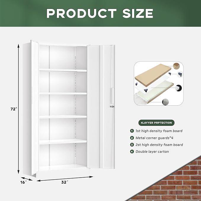 Greenvelly White Metal Storage Cabinet for Garage, 72” Steel Locking Cabinet with Doors and 4 Shelves, Tall Tool Cabinets for Garage Storage Systems Lockable File Cabinet for Home Office, Classroom
