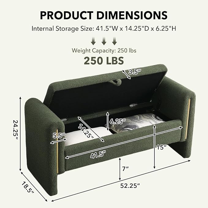 52" Flip-Top Storage Ottoman Bench, Teddy Entryway Bench (Green) | Teddy Fleece Upholstered End of Bed Bench with Armrests, Soft Padded Window Bench for Living Room Bedroom Entryway