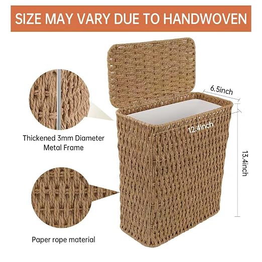 Coeusy 3 Gallon Paper Rope Bathroom Trash Can,Small Wicker Trash Cans with Lid and Liner,Woven Rattan Narrow Waste Basket for Bedroom,Office,Natural