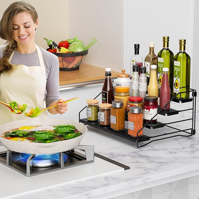 2 Pack Spice Rack Organizer for Cabinet, Depth Adjustable 4 Tier Spice Rack | Black, Metal Spice Organization for Cabinet, Easy Visibility, Tiered Spice Rack Perfect for Cabinet, Pantry and Countertop