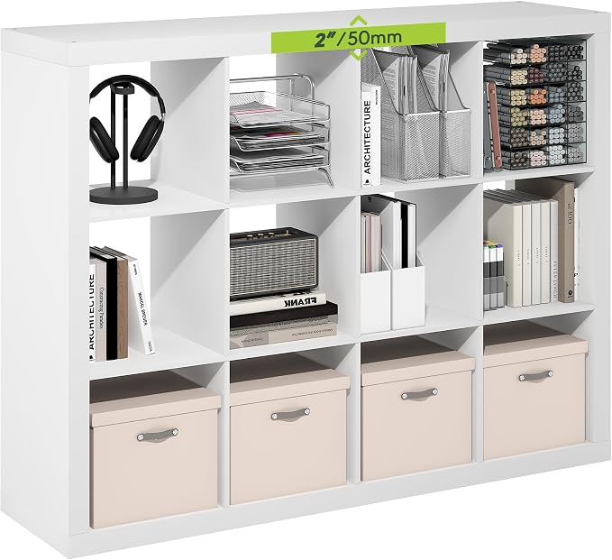 Furinno Cubicle Book Shelf, 12-Cube 2-Inch Super Thick Frame Bookshelf, Reversible Bookcase, Cube Storage Organizer with Open Back, 15.4 x 58 x 44, for Living Room, Bedroom, Home Office, White