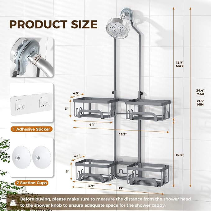 REINHARDT Split Shower Caddy Hanging for Handheld Showerheads, Grey | Adjustable Shower Organizer, Rustproof, 16 Hooks, Soap Holder, 40lbs Capacity, Anti-Slip, Tool-Free, Bathroom Accessories