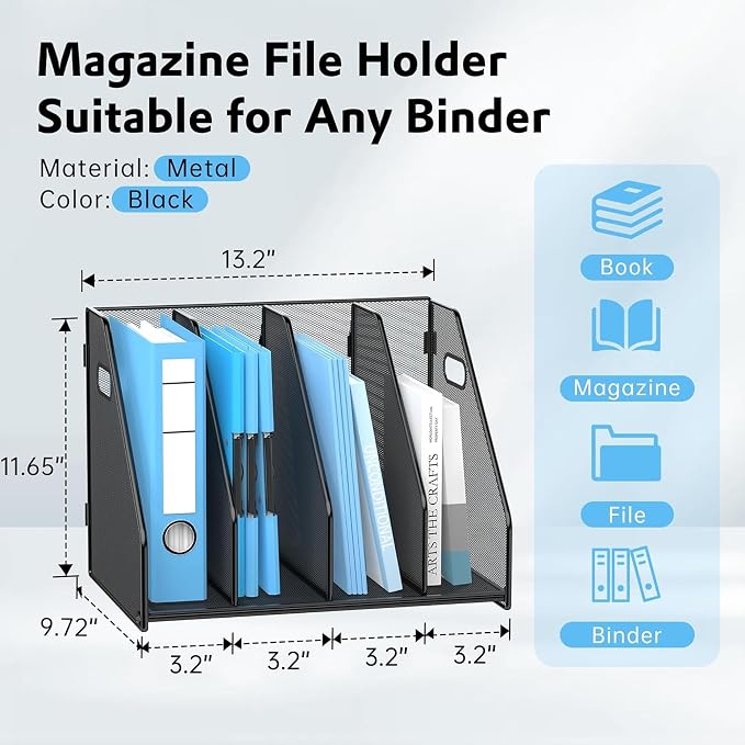 SUPEASY Binder Organizer, Magazine File Holder with 4 Vertical Rack, Black | Metal Desk File Organizer & Binder Holders, Magazine Organizers for Office Desktop, Home, School, Classroom