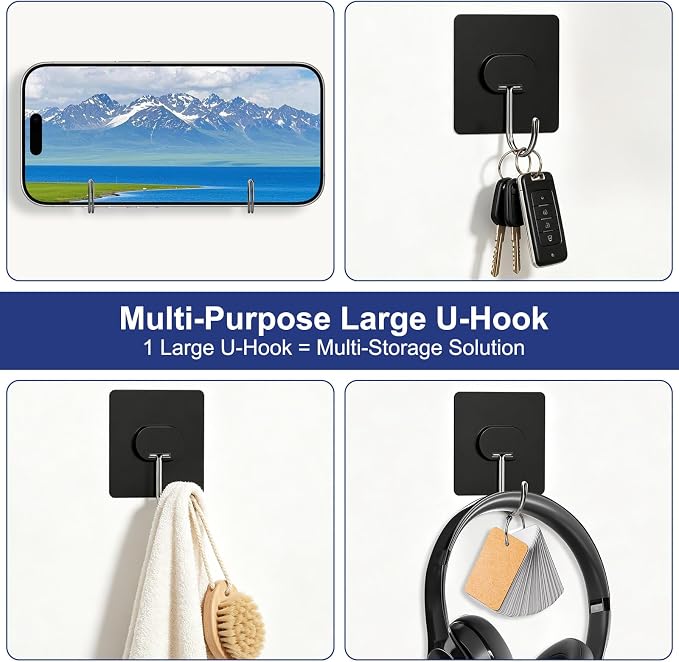 JINSHUNFA Adhesive Wall Hooks Heavy Duty No Drill Large Waterproof Hooks for Bathroom Kitchen Towel Coat 12 Pack Black