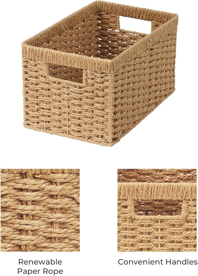 StorageWorks Round Paper Rope Storage Baskets, Rectangular Wicker Baskets with Built-in Handles, Medium, 13" L x 8¼"W x 7" H, 2-Pack