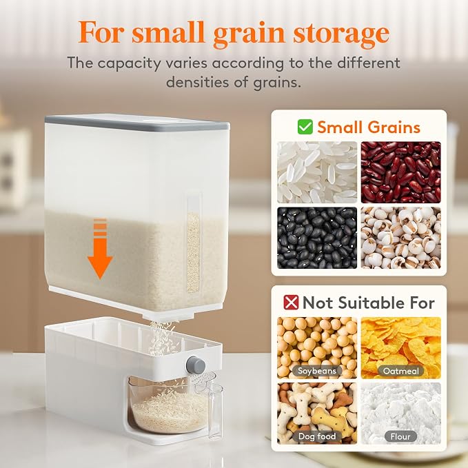 Lifewit Rice Dispenser 25 Lbs(11.3kg), Rice Storage Container Sealed Moisture Proof with Measuring Cup for Kitchen Pantry Household, BPA-Free, 1 Pack Clear