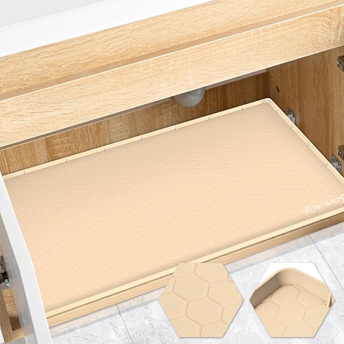 Silicone Under Sink Mat, 34"x22", Waterproof Cabinet Liner, Beige | Shelf Liner, Cabinet Protector, Home Organizer, for Kitchen, Bathroom, Multipurpose, Leak Proof, Easy Clean, Drip Tray, Clean