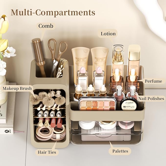 Makeup Organizer Countertop with DIY Adjustable Brush Holder for Vanity | Thickened Material, Large Bathroom Organizer Skincare Storage for Perfume, Lipstick, Nail Polish, Eyeshadow Palettes, Brown