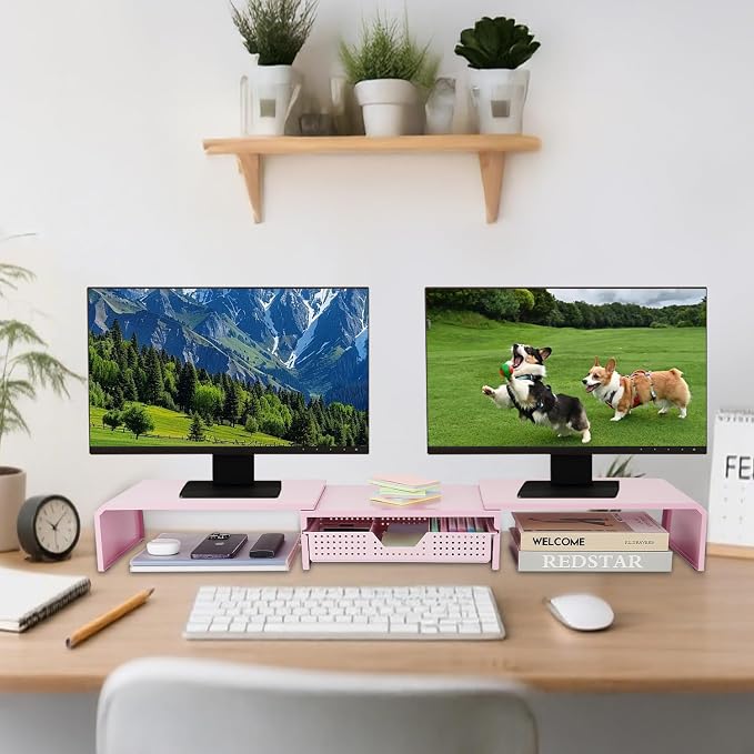 LEKETREE Dual Monitor Stand Riser with Drawer, Desk Organizer and Accessories, Pink Monitor Stand for Desk, Desktop Stand for Computer, Laptop, TV and More (Pink)