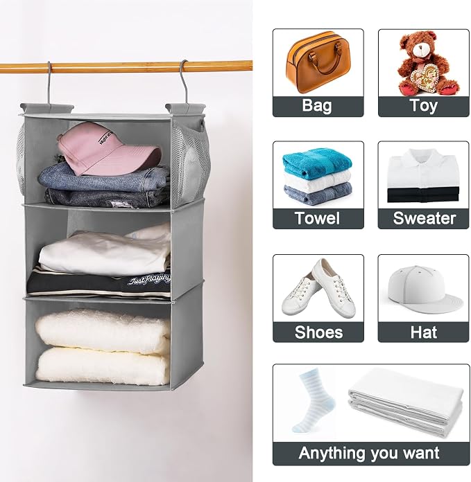 MAX Houser 3 Tier Shelf Hanging Closet Organizer, Closet Hanging Shelf with 2 Sturdy Hooks for Storage, 2 Pack, Foldable (Grey)