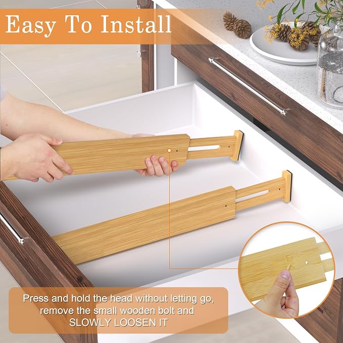 Bamboo Drawer Dividers, Adjustable Drawer Organizers, Fits 17.6–21" Drawers | 2.5" High, 4 Pack Expandable Drawer Separators for Kitchen, Nursery, Dressers & Office Storage, Natural
