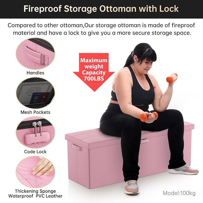 ENGPOW Storage Ottoman, Fireproof Folding Bench with Lock(15”x 43”x15”), Water-Resistant ＆ Heat Insulation Large Storage Chest with Handles＆2 Extra Spaces Safe for Living Room, Bedroom, Home, Pink