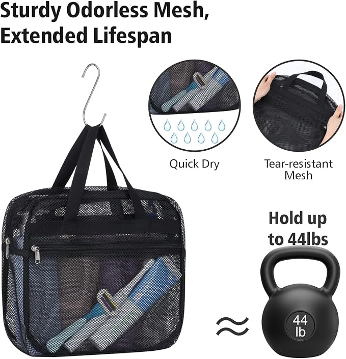 Mesh Shower Caddy Portable with Zipper - 2-Handle Shower Bag for Dorm | S-Hook, Quick-Dry Mesh, Toiletry Organizer, College Dorm Room Essentials for Girls, Camping, Gym, Travel & Bathroom, Black
