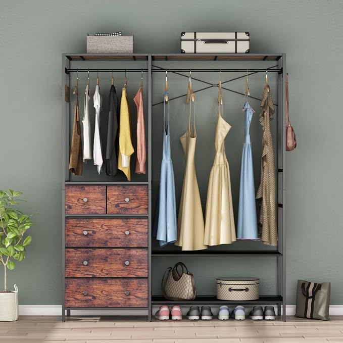 Freestanding Clothes Rack with 5 Drawers & 4 Storage Shelves,2 Hanging Rods | 59.1" W*70.9" H Heavy Duty Clothing Rack, Wardrobe Closet Organizer System with 5 Hooks, Garment Rack (Rustic)