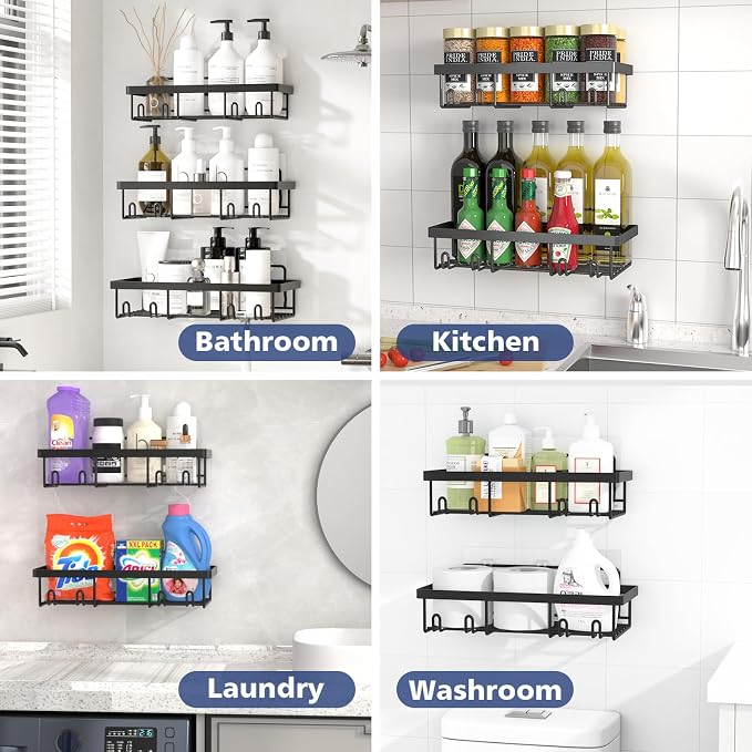 Liuoud 5 Pack Shower Caddy Organizer Rack Shelf for Inside Shower, Adhesive Bathroom Wall Storage Basket Rustproof Stainless Steel Shampoo Holder, Bathroom Accessory Decor Set, Black.