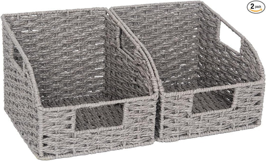 StorageWorks Wicker Baskets for Organizing,Paper Rope Gray Baskets,2-Pack | Pantry Organizers and Storage,Wicker Storage Baskets for Shelves,Pantry Baskets for Organizing,Wicker Baskets with Handles