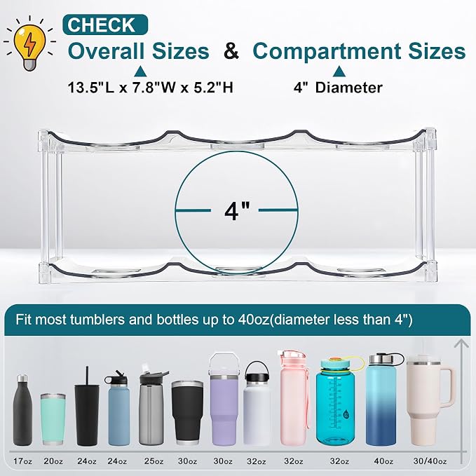 LARGER Compartment - Stackable Water Bottle Organizer Holder - for Stanley & Others' Large Tumbler - Clear Wine Rack, Cup Bottle Holder for Cabinet Home Countertop Fridge Pantry Shelf, 2 Tier Hold 6
