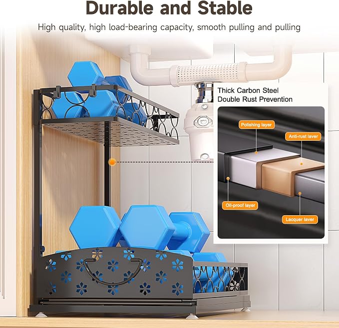 Sevenblue 2-Pack 2-Tier Height Adjustable Under Sink Organizer & Storage | Multi-purpose storage for kitchen & bathroom cabinet. Extra Large metal shelf, height adjustable design for space-saving.