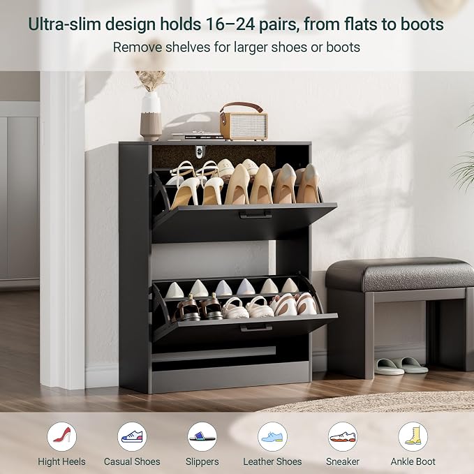Shoe Cabinet with 2 Flip Drawers, Narrow Freestanding Shoe Organizer for Entryway, Hallway, Living Room, Black