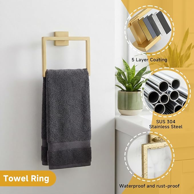 5-Piece Brushed Gold Bathroom Accessory Set, 16 Inch Bathroom Hardware Set, Towel Racks for Bathroom, SUS304 Stainless Steel Wall Mounted Bath Towel Bar Set