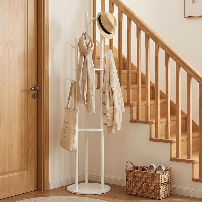 YYW 360° Wood Coat Rack Stand With Hooks And Shelves Standing Organizer | Free Standing Rotating Organizer, Includes 9 Hooks And 3 Shelves, Perfect For Bedroom, Hallway, Small Space