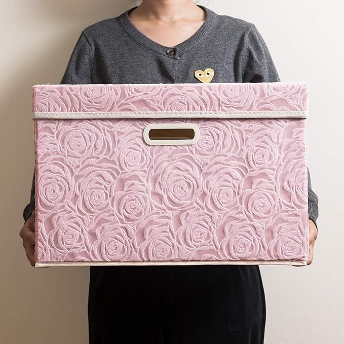 PRANDOM Larger Collapsible Storage Boxes with Lids Fabric Decorative Bins Cubes Organizer Containers Baskets Handles Divider for Bedroom Closet Living Room Pink 17.7x11.8x11.8 Inch 3 Pack