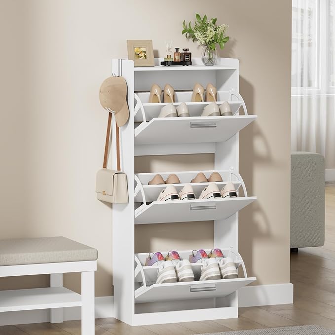 Shoe Cabinet Organizer with 2 Flip Drawers,Narrow Shoe Rack 18.9" W White | Freestanding shoe storage cabinet for entryway,foyer and hallway,slim design and space-saving flip drawers