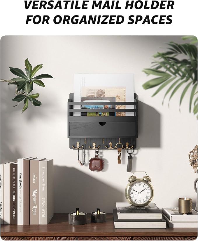 Rebee Vision Mail Organizer Wall Mount with 7 Key Hooks for Entryway, Black | Key and Mail Holder for Wall, Storage Drawer, Key Hanger, Mail Sorter, Home Decor, Hallway and Office, Entryway Organization