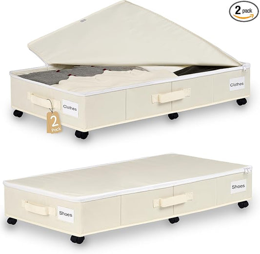 Vincona Under Bed Storage with Wheels, 2 Pack Under Bed Storage Containers with Label Holders for Clothes, Shoes and Blankets, Rolling Underbed Shoe Organizer with Cover, Beige (35.43x15.7x7.28 in)