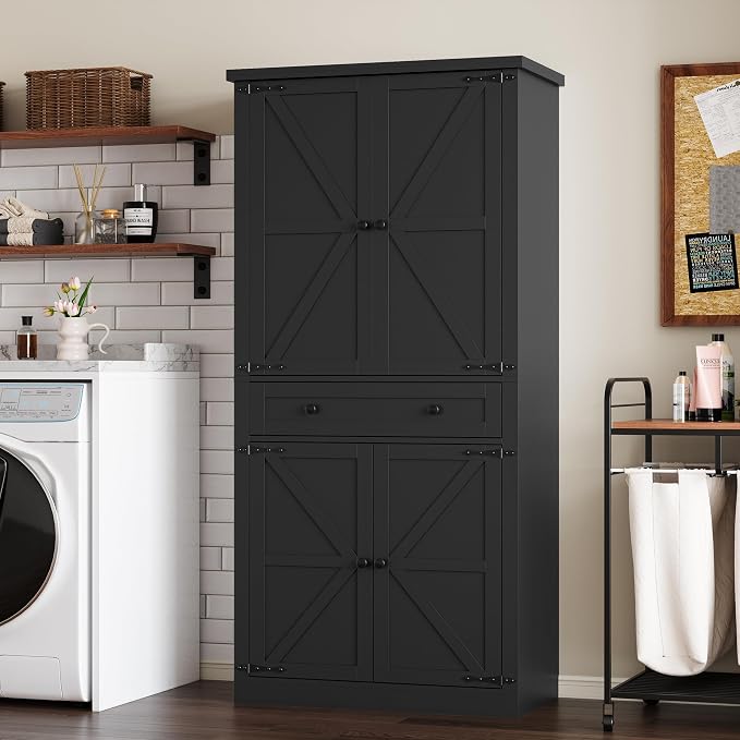 BORNOON Pantry Organizers and Storage Cabinet, 67.7” Barn Door White Kitchen Cabinet with Drawers and Adjustable Shelf, Tall Pantry for Kitchen, Dining Room, Living Room