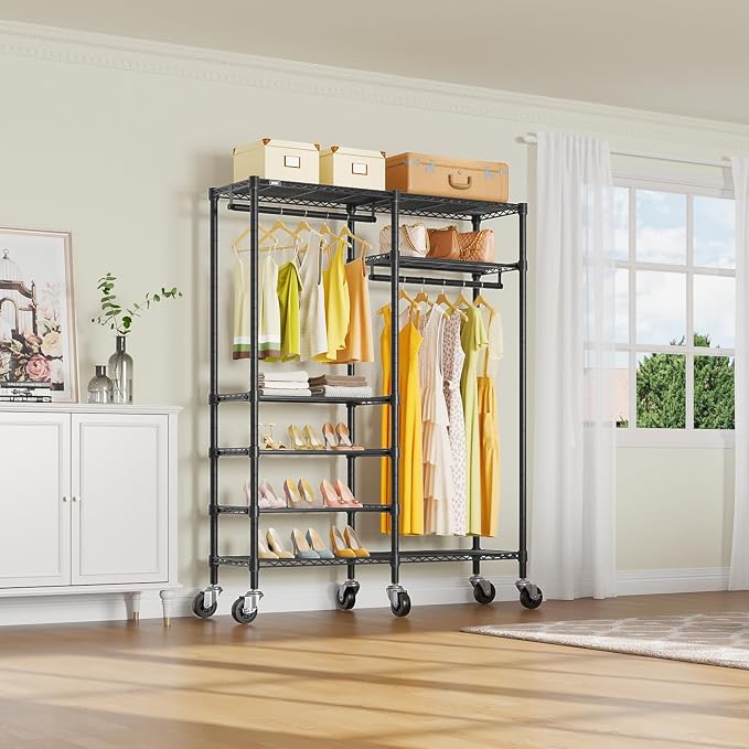 VIPEK R4 Rolling Clothing Rack, Garment Rack with Movable Wheels, Black | 360°Silent Wheels, 4 Adjustable Shelves, 2 Hanger Rods, Heavy Duty Clothes Rack for Hanging Clothes, for Laundry Room/ Closet