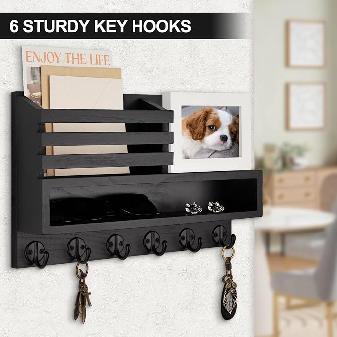Key and Mail Holder Wall Mount, Key Hanger with Long Storage Box and Key Hooks for Coat, Dog Leash, Home Decor Rack, House Accessories, Entry Way Organizer