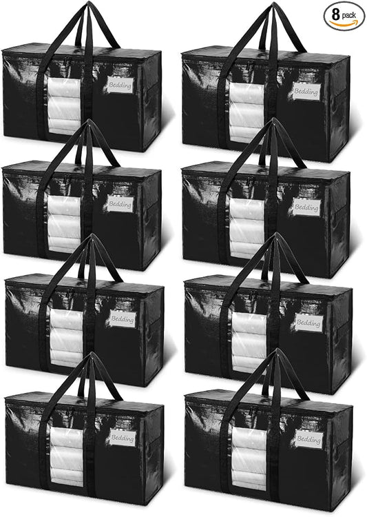 TAILI Extra Large Moving Bags, 8 Pack Black Heavy Duty Totes For Storage with Visible Window, Wrap Around Handles, Storage Bags for Space Saving, Alternative to Moving Boxes