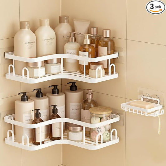 Veken Corner Shower Caddy 3-Pack, Advanced Rustproof Design&Stable Storage | No Drilling Adhesive Shelves, Rack with Soap Holder & Hooks, Thickened Metal Frame, Bathroom Organizers and Storage, White