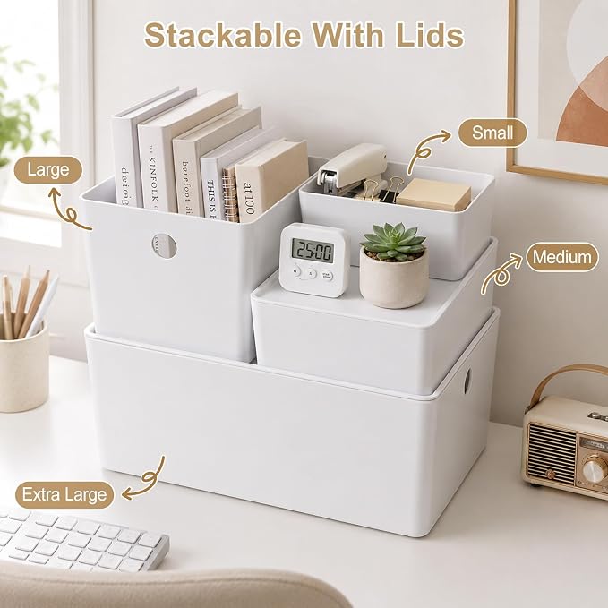Soddeph 4 Pack Thick Plastic Storage Box with Lid, Durable Stackable Storage Bins, Hard Plastic Organizer Baskets for Home Office,Storage Containers 6.8" x 5.1" x 3.1" (White with Lid)