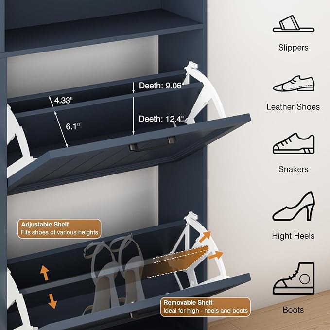 Hidden Shoe Storage Cabinet with 4 Flip Drawers & Open Storage | Farmhouse Modern Shoes Rack Cabinet,Adjustable Shelves ,Narrow Slim Shoe Organizer for Entryway,Foyer,Hallway,Navy Blue