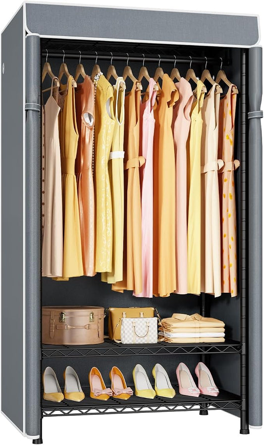 H5C Clothes Rack with Cover, Covered Clothing Rack Heavy Duty | Garment Rack with Shelves, 3-Tier Portable Closets for Hanging Clothes, Max Load 360LBS, Black Closet Racks with Gray Cover