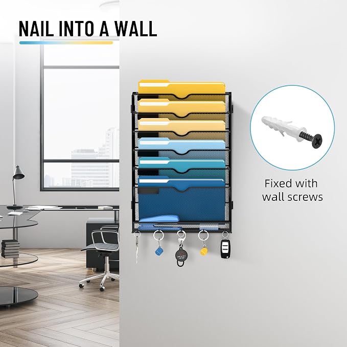 7-Tier Hanging Wall File Organizer with Hooks for Office Organization | Mesh Wall File Holder, Mail Organizer Wall Mounted for Papers, Documents, Folders and Magazines in Home Office, Classroom