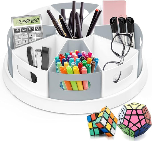 MeCids 360 Rotating Storage Organizer Desk Organizers Pen Holder– 12” Lazy Susan Style Caddy with Removable Bins, for Home Office Supplies, Art Supplies, Make-up & Kitchen Use, with Card & Gift Box | Lazy Susan Style Pencil Holder Back to School suppli...