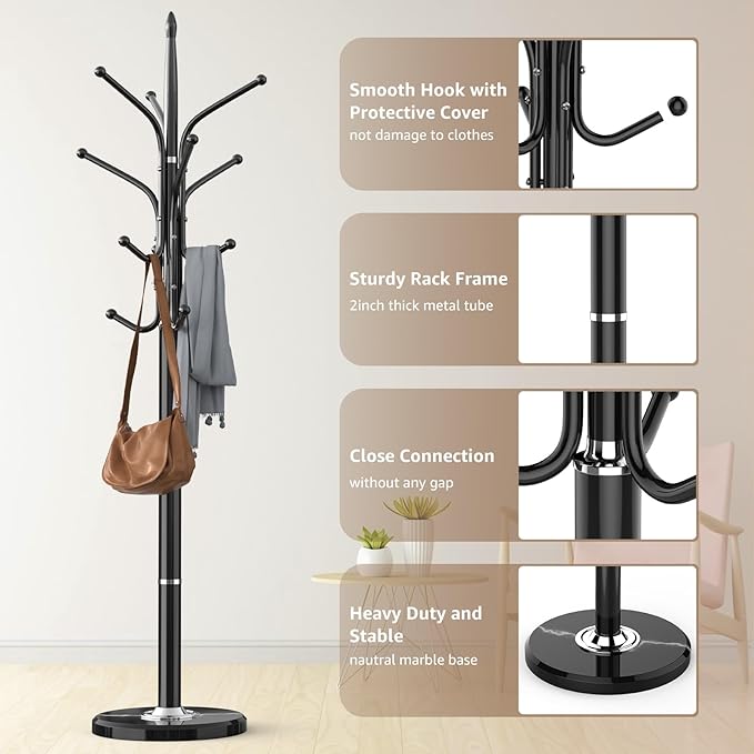 HzTinT Heavy Duty Coat Rack with Marble Base, 12 Hooks, Adjustable Heights | Freestanding Coat Tree, Metal Coat Stand, For Coats, Bags & Hats in Entryway, Black
