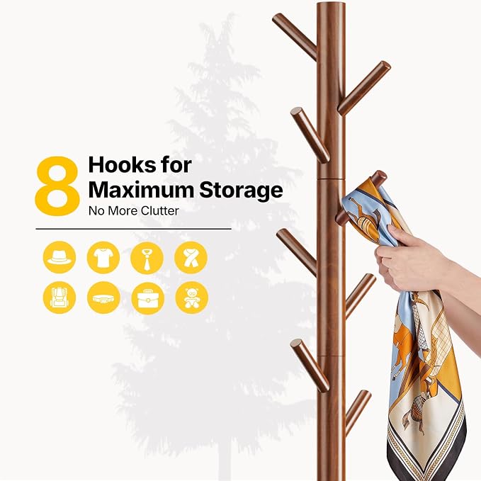 AMADA Solid Wooden Coat Rack Freestanding with 8 Hooks, Walnut | 100% solid wood, 3 height options, widened base for stability, tool-free assembly, smooth rods & hooks prevent clothing snags