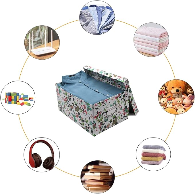 GUOZI Collapsible Storage Box, Decorative Memory Box with Lid & Metal Reinforced Corners, Cardboard File Bin with Handles, Organizer Gift Box for Keepsake Toy Photos Office Nursery Wardrobe Bookshelf