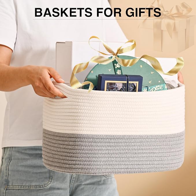 ICERZCZ Woven Cotton Rope Storage Basket for Organizing, Cute Decorative Baskets for Gifts Empty, Organizer Bins for Dog Toy, Baby Laundry, 15“×11”×9.5“, Off White & Grey