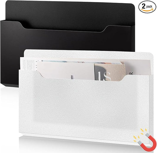 Feifeiya 2 Pcs Magnetic File Folder Wall Hanging Holder Large Pocket Paper Magazine Mail Organizer for Refrigerator Classroom Locker Whiteboard(Horizontal,Black Clear,13.8 x 8.3 Inches)
