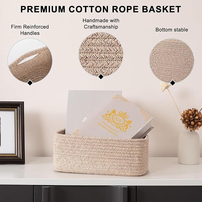 OIASKET 4 Pack Small Storage Shelf Baskets for Organizing, Mini Woven Rope Storage Bins for Towels, Cute Decorative Closet Organizer，Baby Nursery, Gift Empty Baskets -14.17''Lx11.02''Wx6.3''H-White