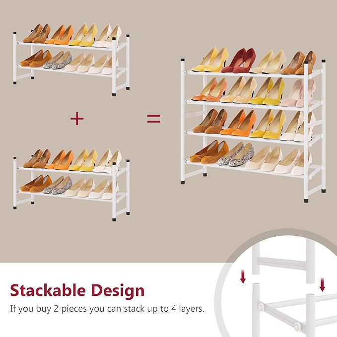 Expandable Shoe Rack for Closet 2 Tier, 28“-41“Stackable, White | Adjustable Shoe Organizer Closet Shoe Rack Floor, Metal Shoe Shelf Storage for Entryway, Closet, Garage, Front Door Entrance
