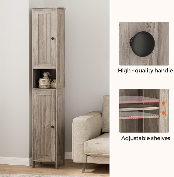 Homleke Tall Bathroom Storage Cabinet with 2 Doors, Slim Bathroom Cabinet | Narrow Storage Cabinet with Adjustable Shelves, Anti-Tip Design, Reversible Door, Easy Assembly, Greige, 11.8''W