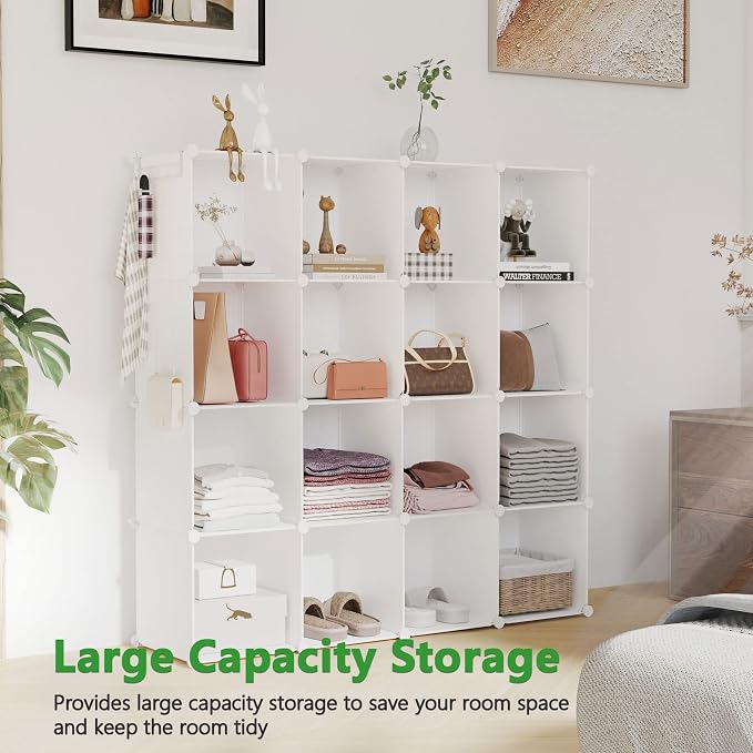 C&AHOME 16 Cube Storage Organizer Cube Shelves Units Storage Cubes, Milky | Plastic DIY Closet Organizer, Stackble Modular Closet Storage Shelves Ideal for Home, Bedroom, 48.4" L × 12.4" W × 48.4" H