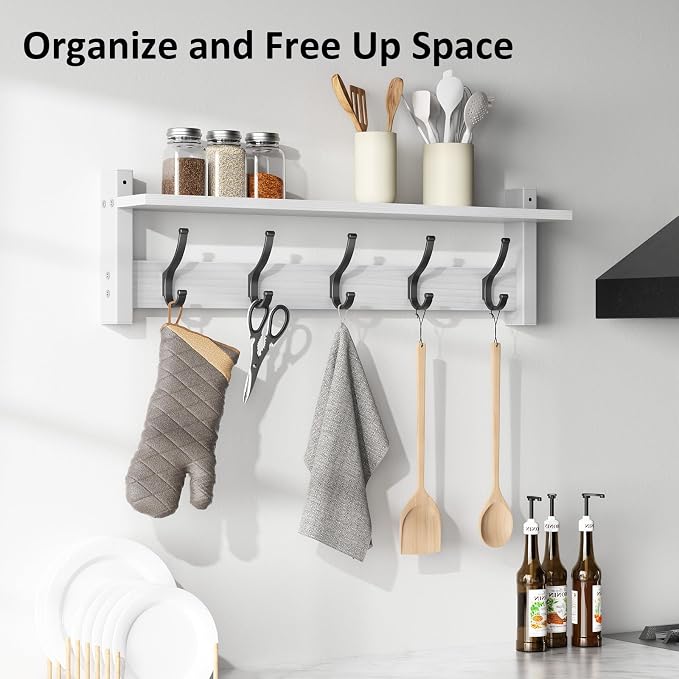 Optish Coat Rack Wall Mount with Shelf, 24 Inch Coat Hanger Walls Mounted, Hat Rack for Walls, Shelf with 5 Coat Hooks, Wall Hanger for Entryway (White)